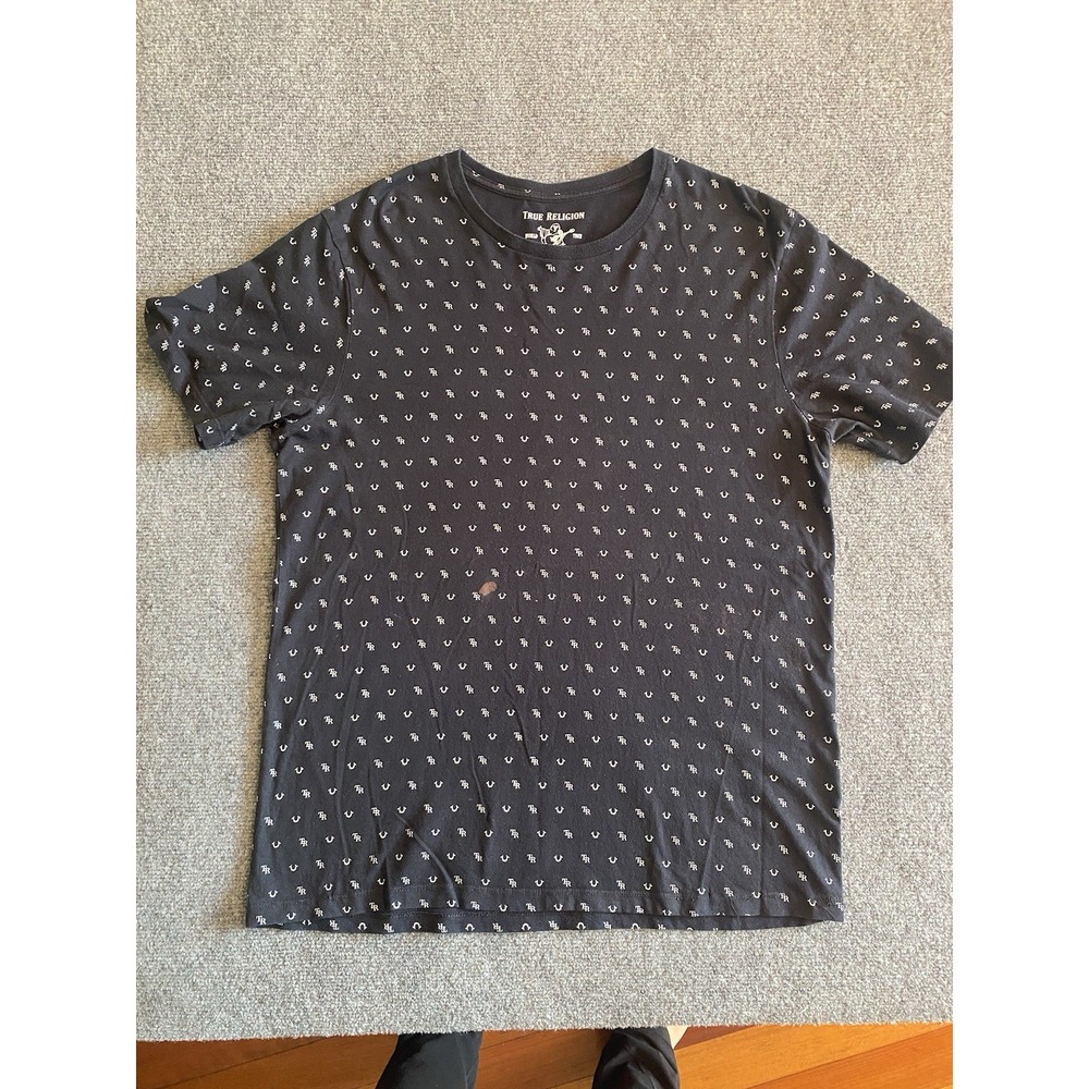 True Religion Mens L Black All Over Horseshoe Logo Print T-Shirt